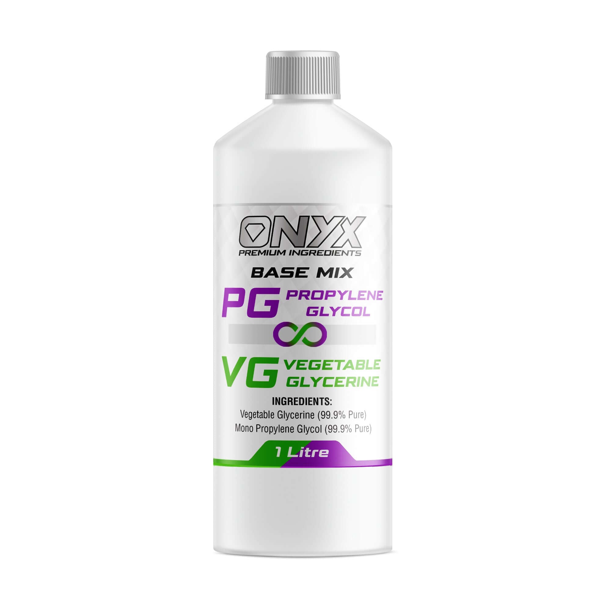 Onyx Premium Ingredients Base Mix - PG Propylene Glycol and VG Vegetable Glycerine, 1-Litre pre-mixed liquid base bottle.
