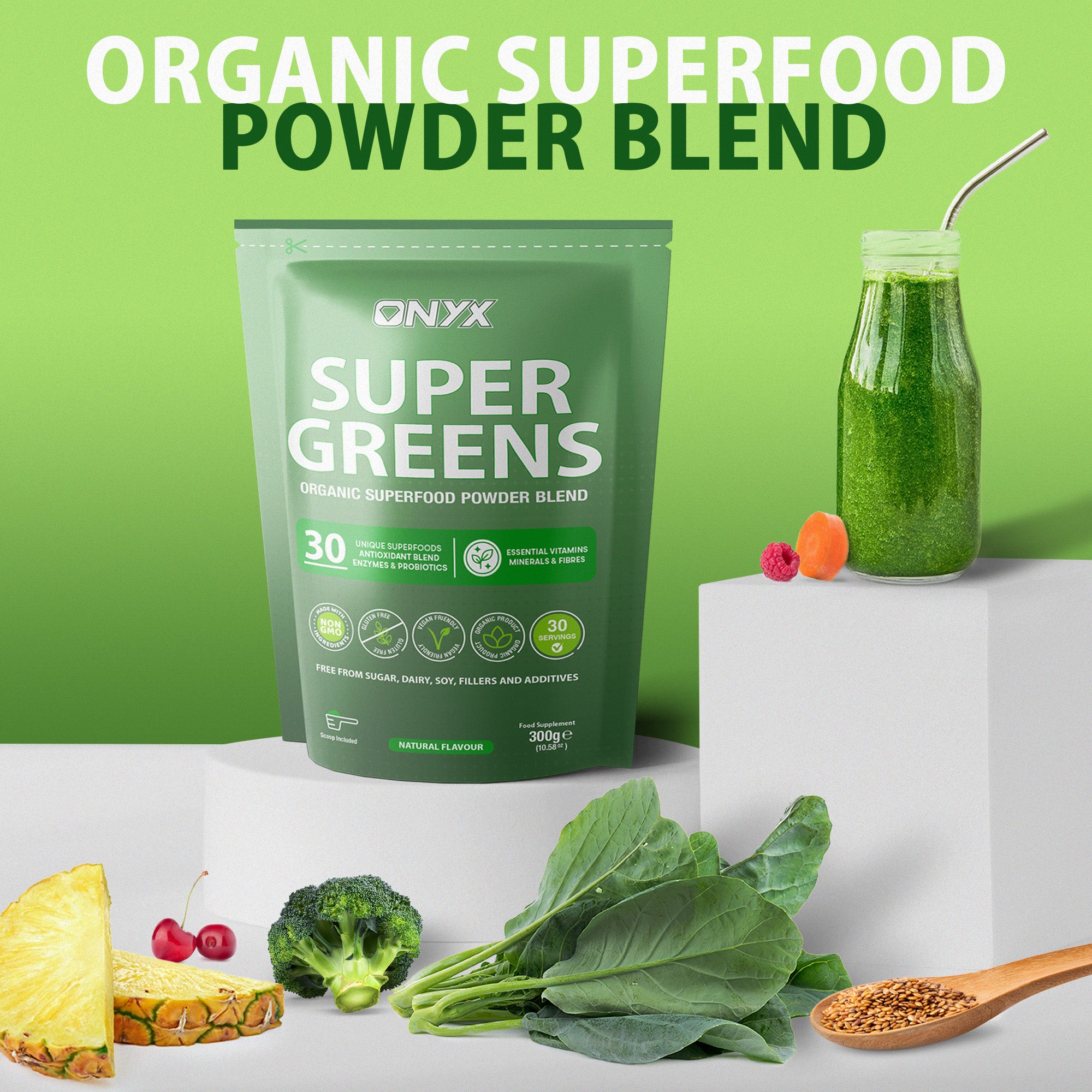 ONYX Super Greens Blend 30 Ingredients with Vitamins, Minerals & Fibres | Vegan & Gluten-Free Healthcare Edible Supplement