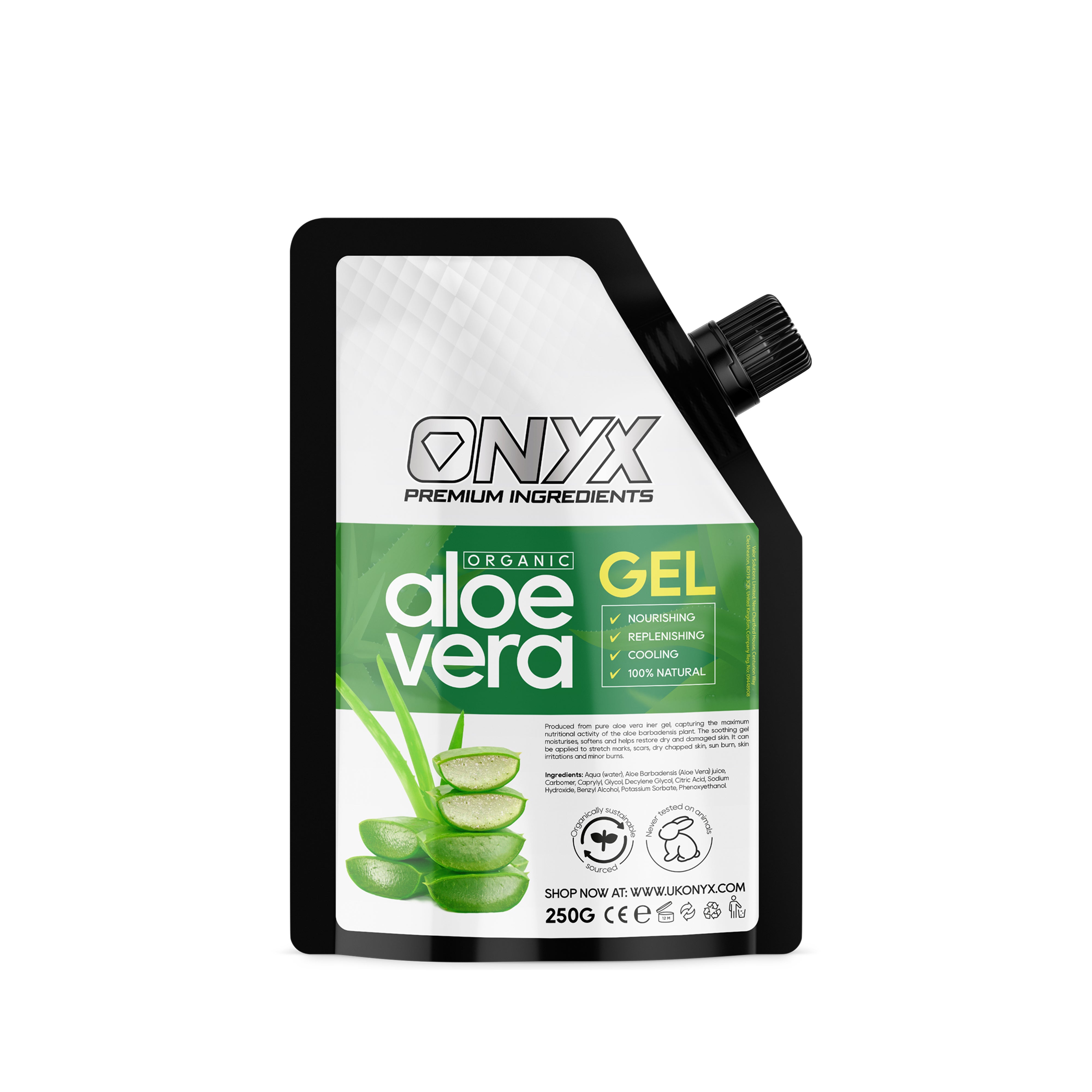 Onyx Organic Aloe Vera Gel 250g pack - 100% natural and organic skincare essential for face, hair, and body.