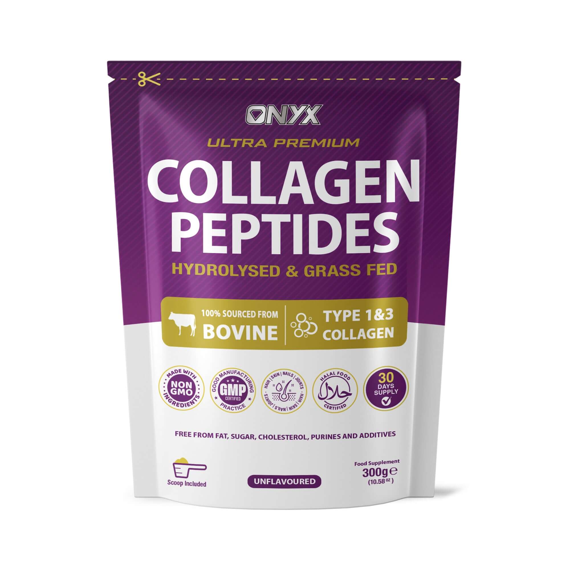 Onyx Ultra Premium Collagen Peptides powder, hydrolysed, grass-fed, 300g pack, type 1 & 3 bovine collagen, non-GMO, halal, kosher