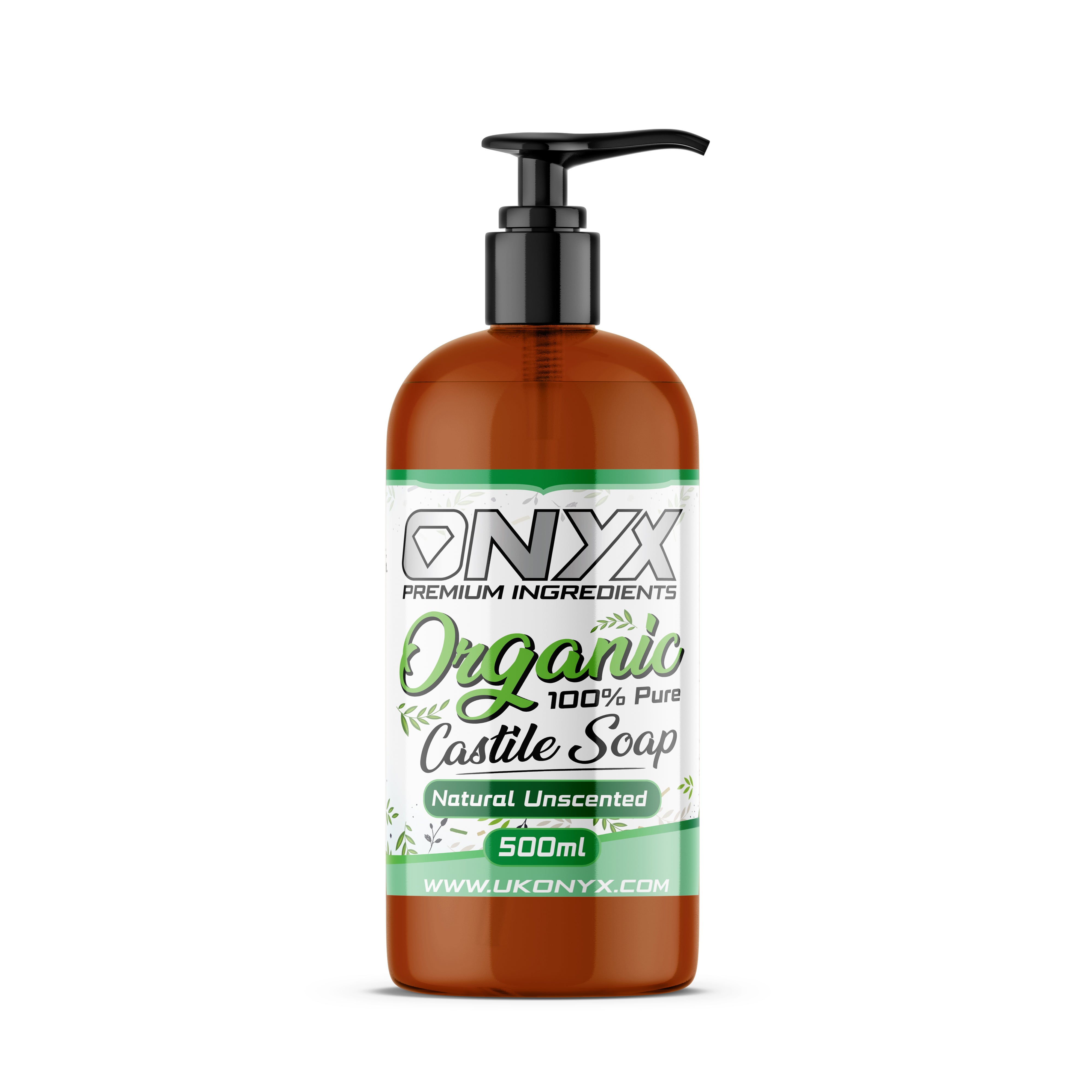 ONYX Organic Castile Soap 500ml bottle - 100% Pure Natural Unscented Soap for gentle and organic cleansing