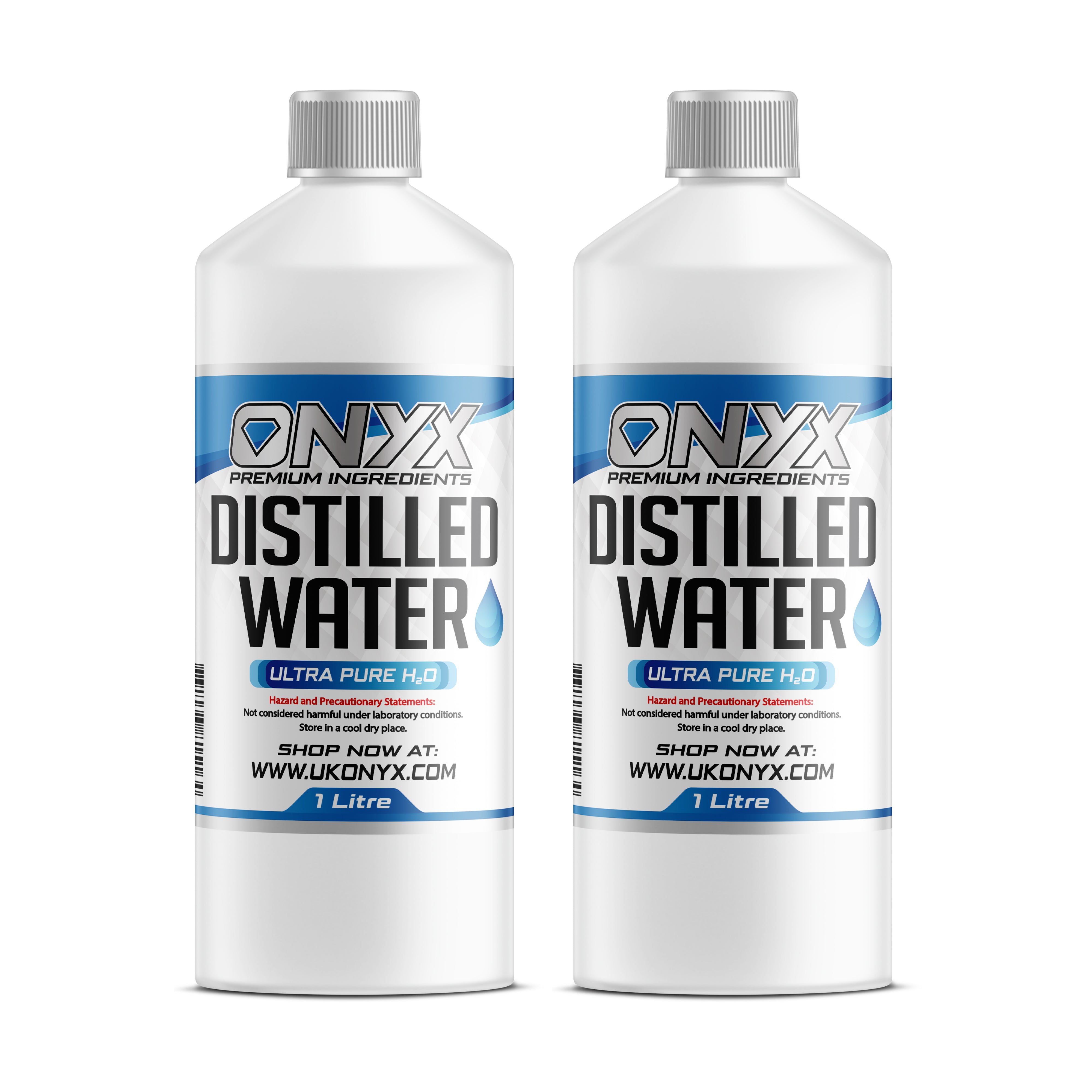 Two bottles of ONYX Distilled Water, 1 liter each, featuring ultra-pure H₂O for versatile applications like steam irons and aquariums.