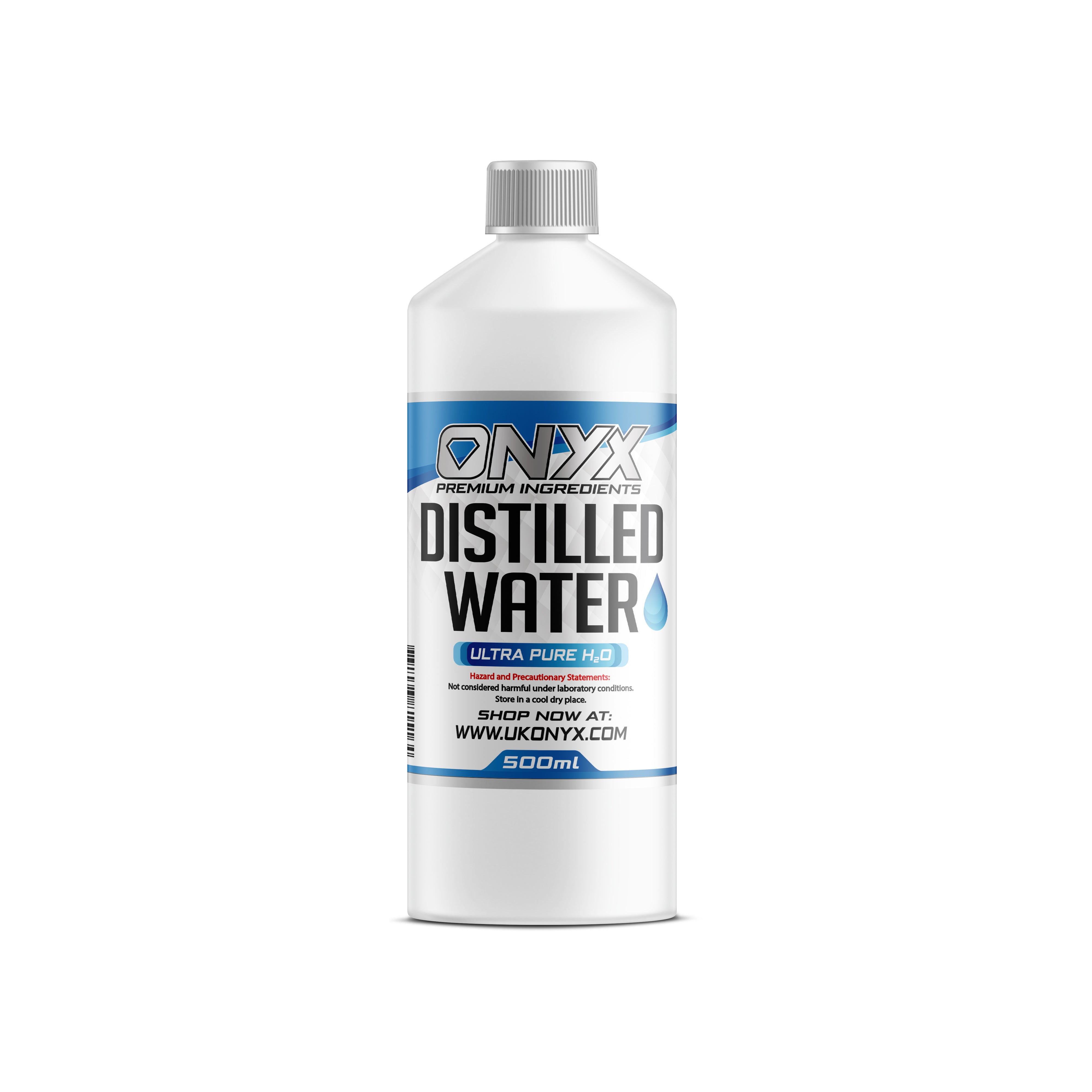ONYX Distilled Water 500ml bottle of ultra-pure H₂O for versatile use in steam irons, aquariums, car cooling systems, and medical devices