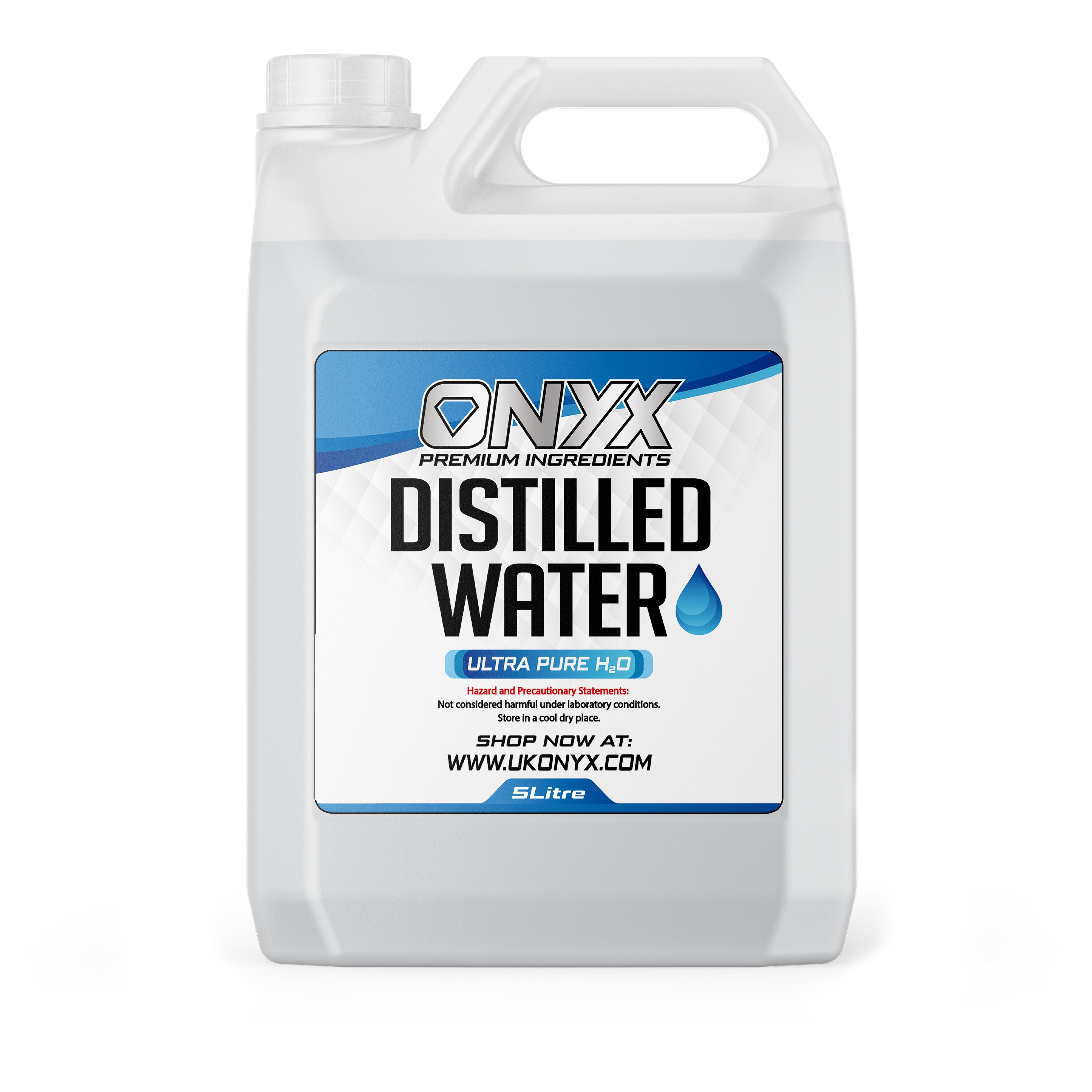 5-liter container of ONYX Distilled Water - 100% ultra pure H₂O for versatile use in steam irons, aquariums, and car cooling systems