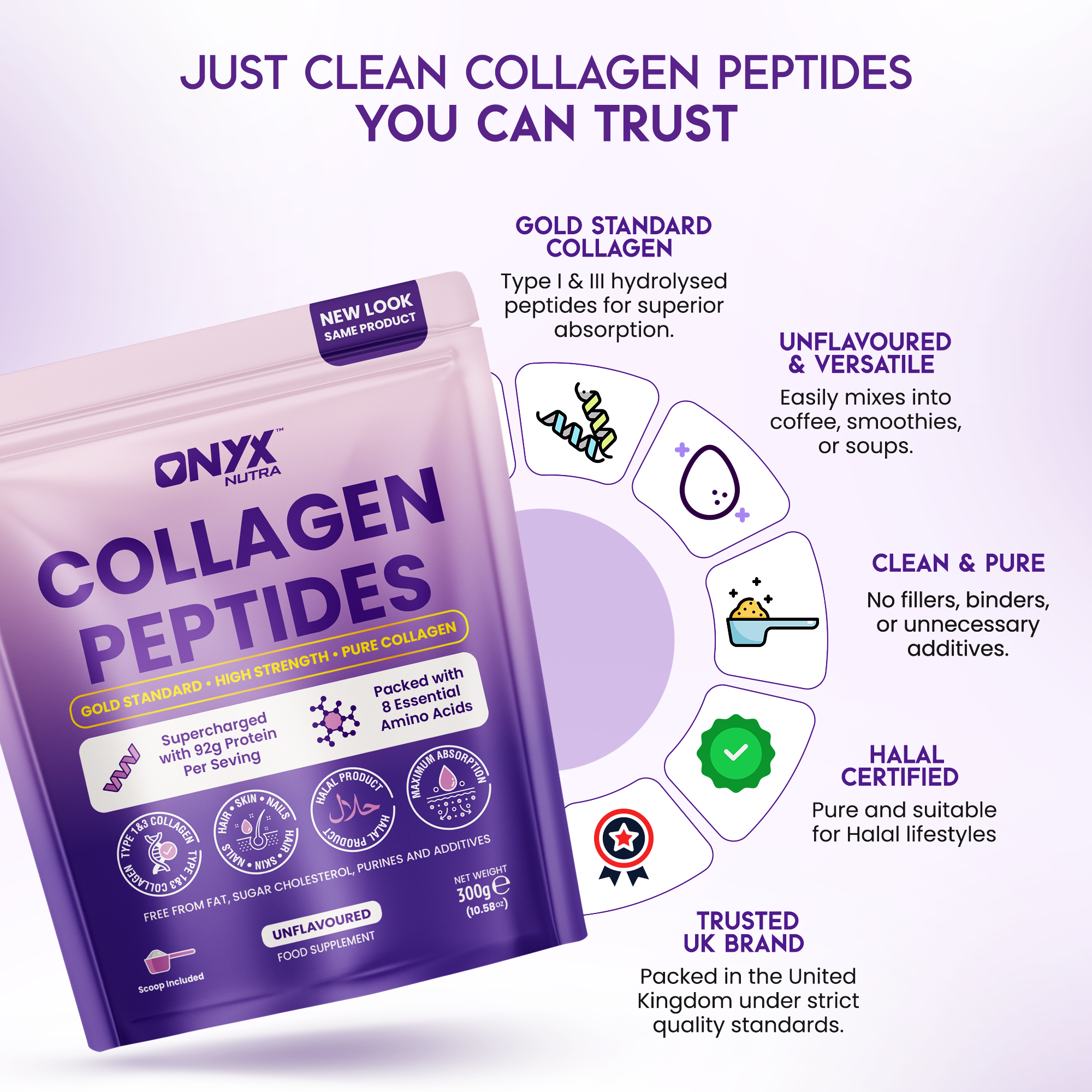 Premium Collagen Powder 300g - Hydrolysed peptides & Grass Fed - Halal - Collagen Supplement For Women & Men