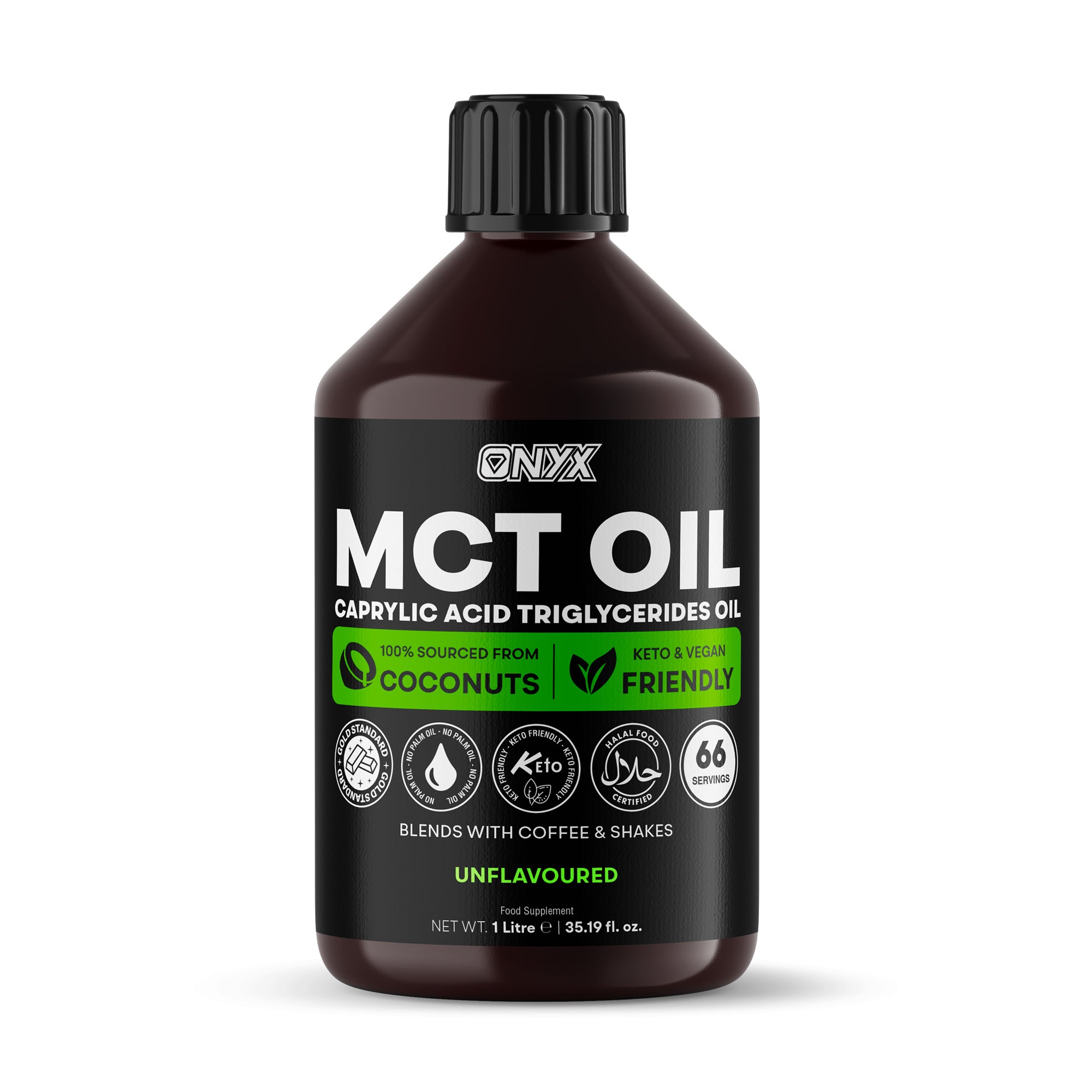 Onyx MCT Oil bottle, high potency C8 and C10, premium coconut oil, keto and vegan-friendly, unflavored, net weight 1 liter.