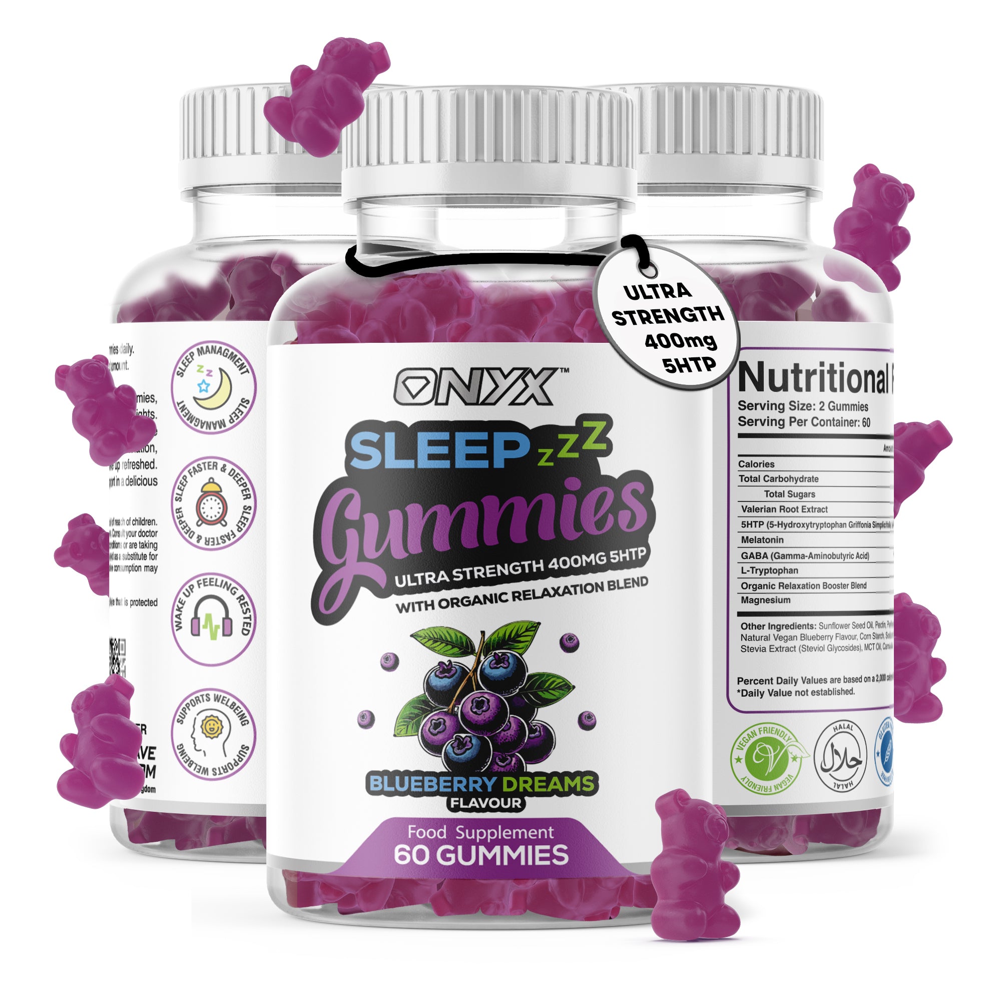 Night-Time Gummies with Organic Relaxation Blend for Sleep Support - Blueberry Dreams Flavor - 60 Gummies by ONYX