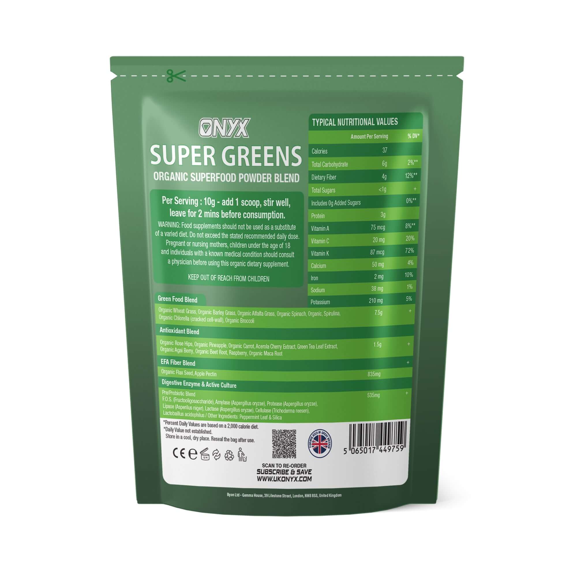 ONYX Super Greens Organic Superfood Powder Blend 30 Natural Ingredients 300 Grams - Back View of Packaging with Nutritional Values