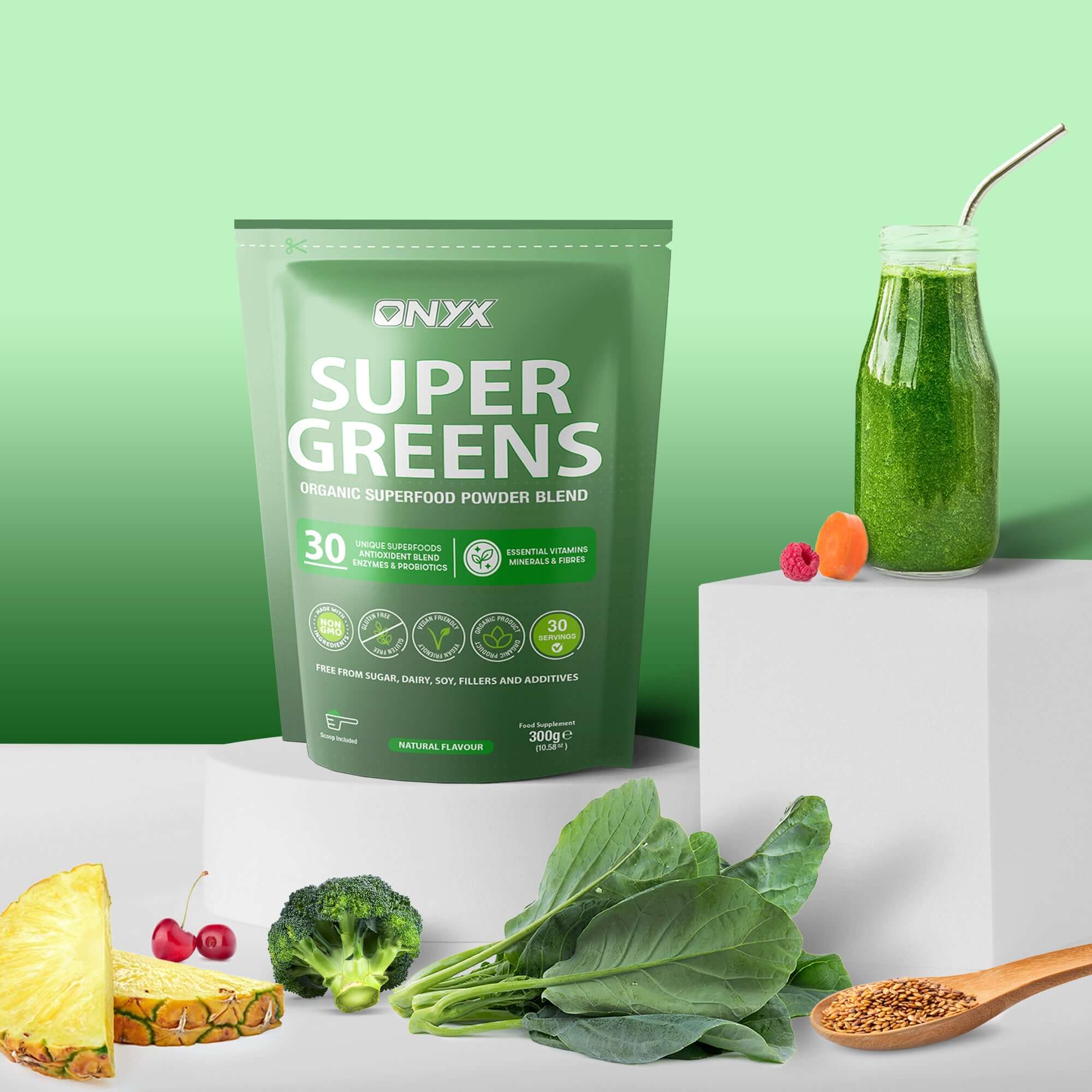 ONYX Super Greens blend of 30 natural ingredients, organic superfood powder with vitamins, minerals, fibre, vegan, gluten-free, 300 grams.