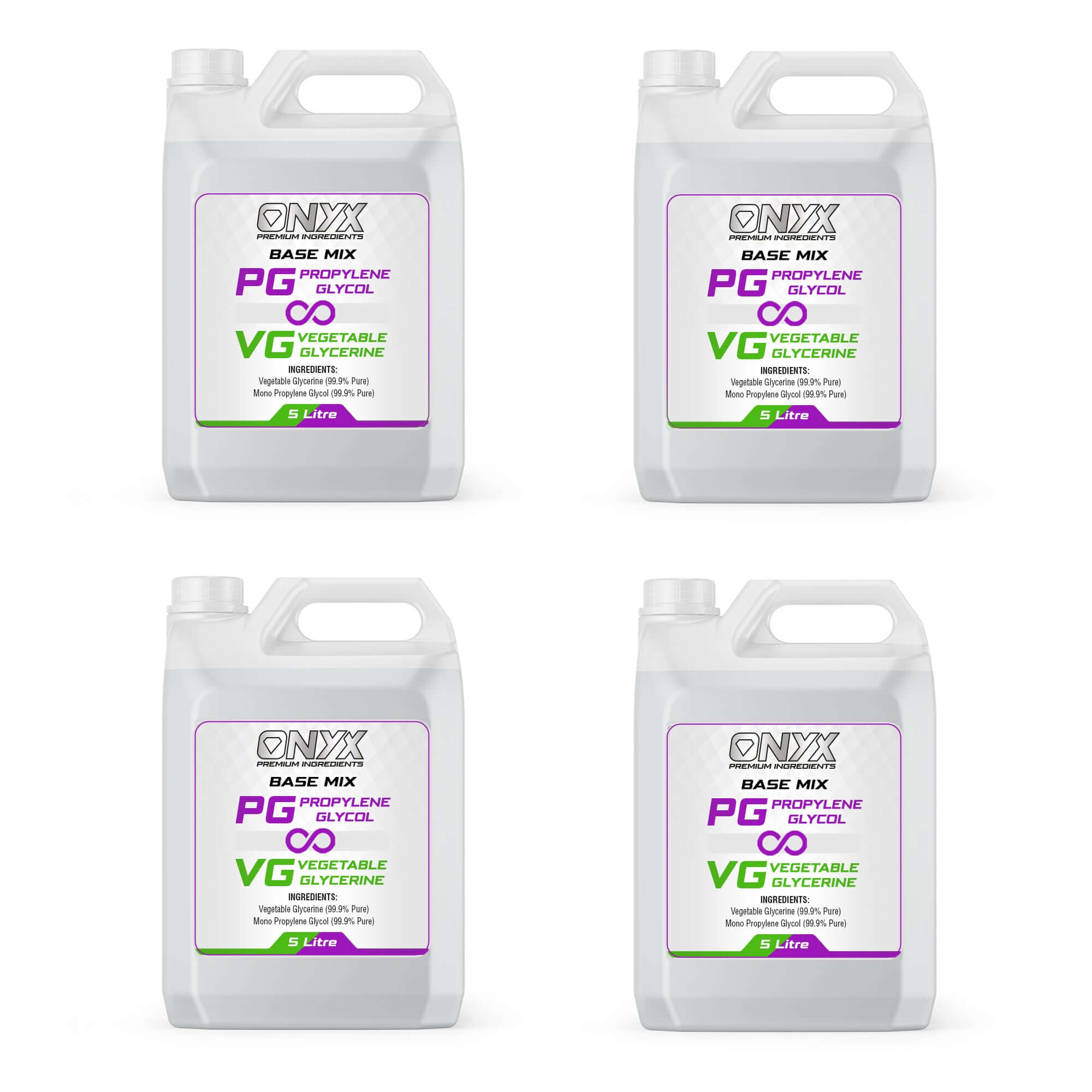 Four containers of VG PG Base Mix Pre-Mixed Liquid Base - Vegetable Glycerine and Mono Propylene Glycol by Onyx.